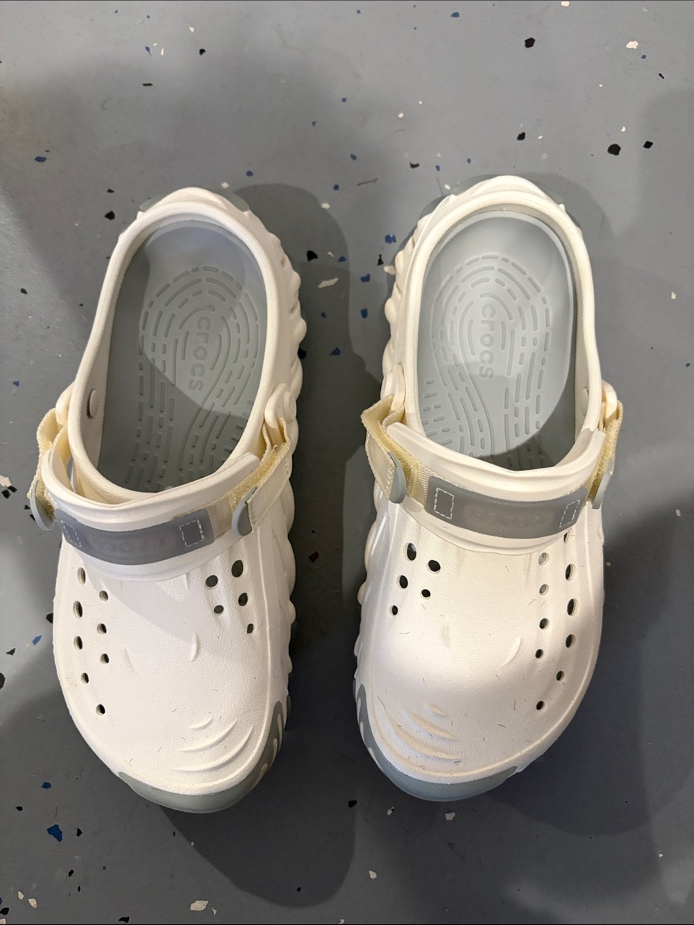 CROCS  White Clogs with blue and Cream Straps